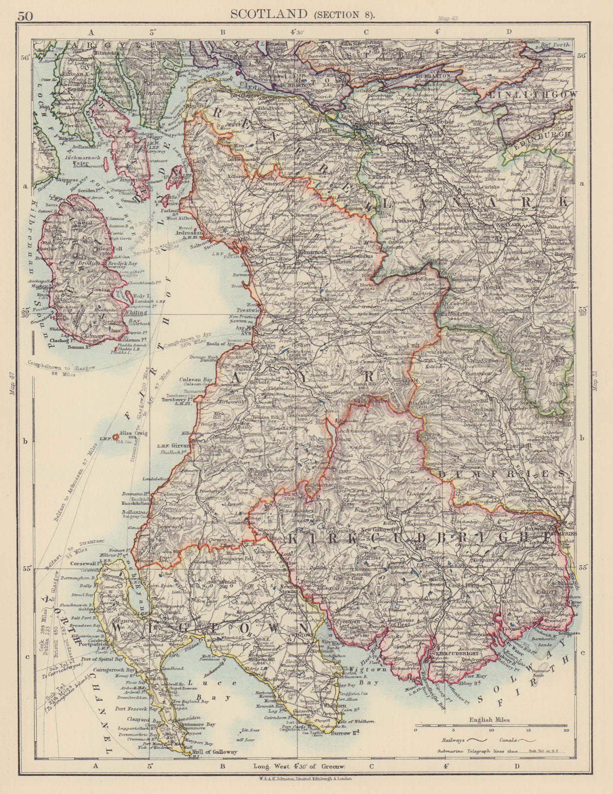 SCOTLAND SW Wigtown Kirkcudbright Ayr Firth Clyde Renfrew Bute JOHNSTON 1901 map